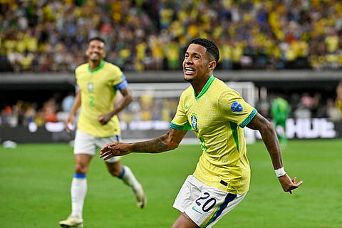 Savinho celebrates scoring Brazil's second goal
